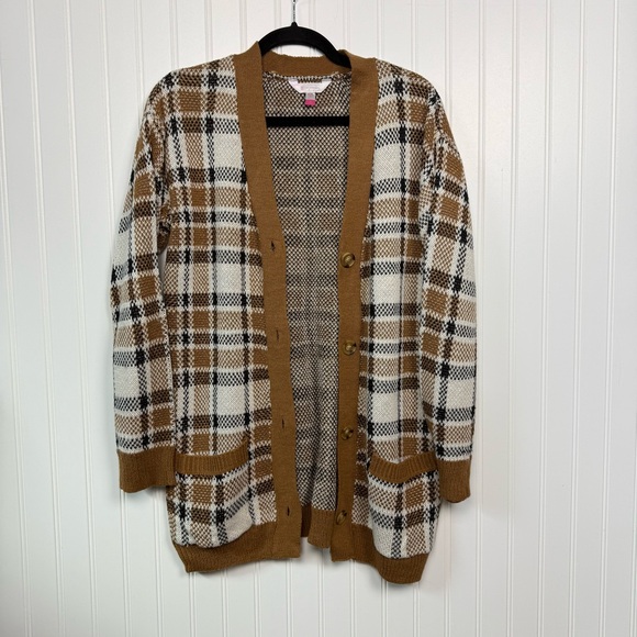No Boundaries Women's Cardigan Size Medium (7-9) Open Front Plaid Knit Pockets - Picture 1 of 6